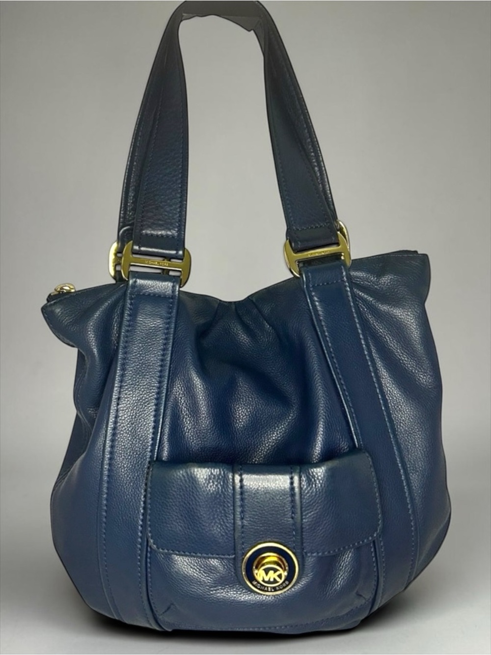 Michael Kors Pebbled Leather Shoulder Tote Navy Blue Gold Hardware